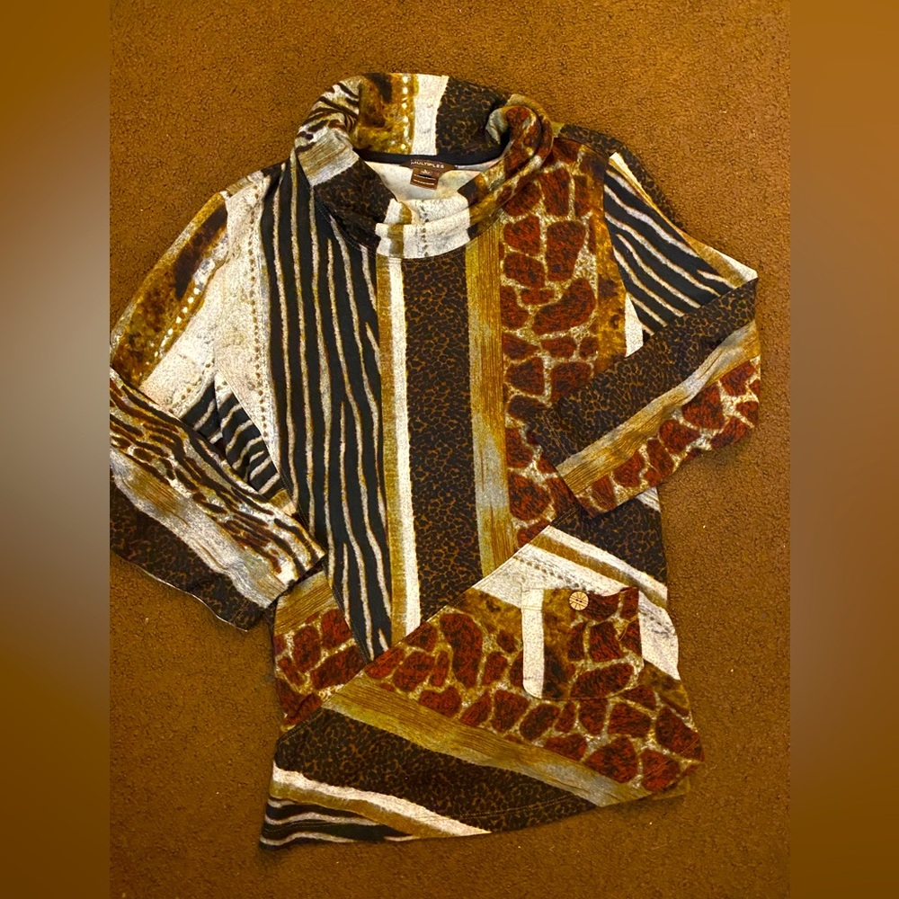 Multiples Brown and Black Sweater with Bold Patterns